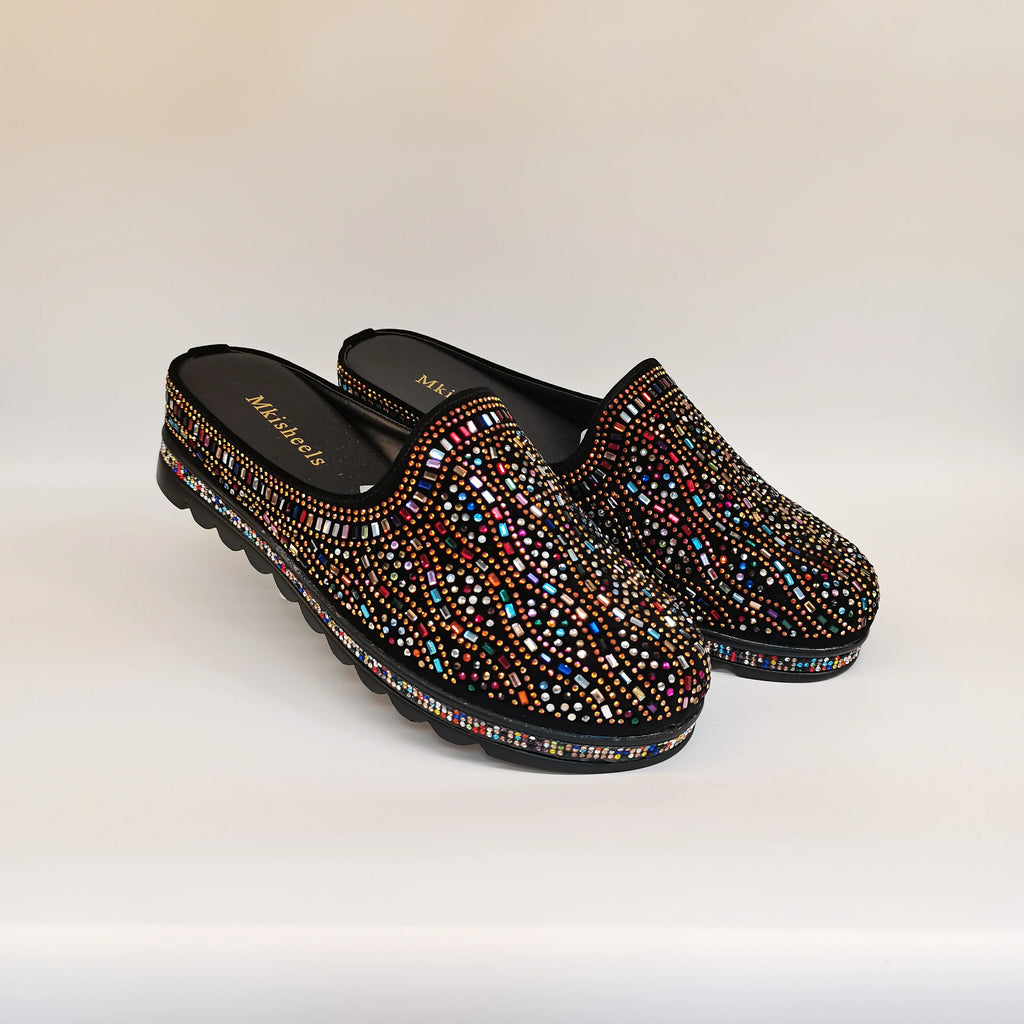 African Popular Luxury Women's Rhinestone Slippers Non-slip height-raising, High-end  Mid-Heel Lady Casual Mullers Shoes F1207-1