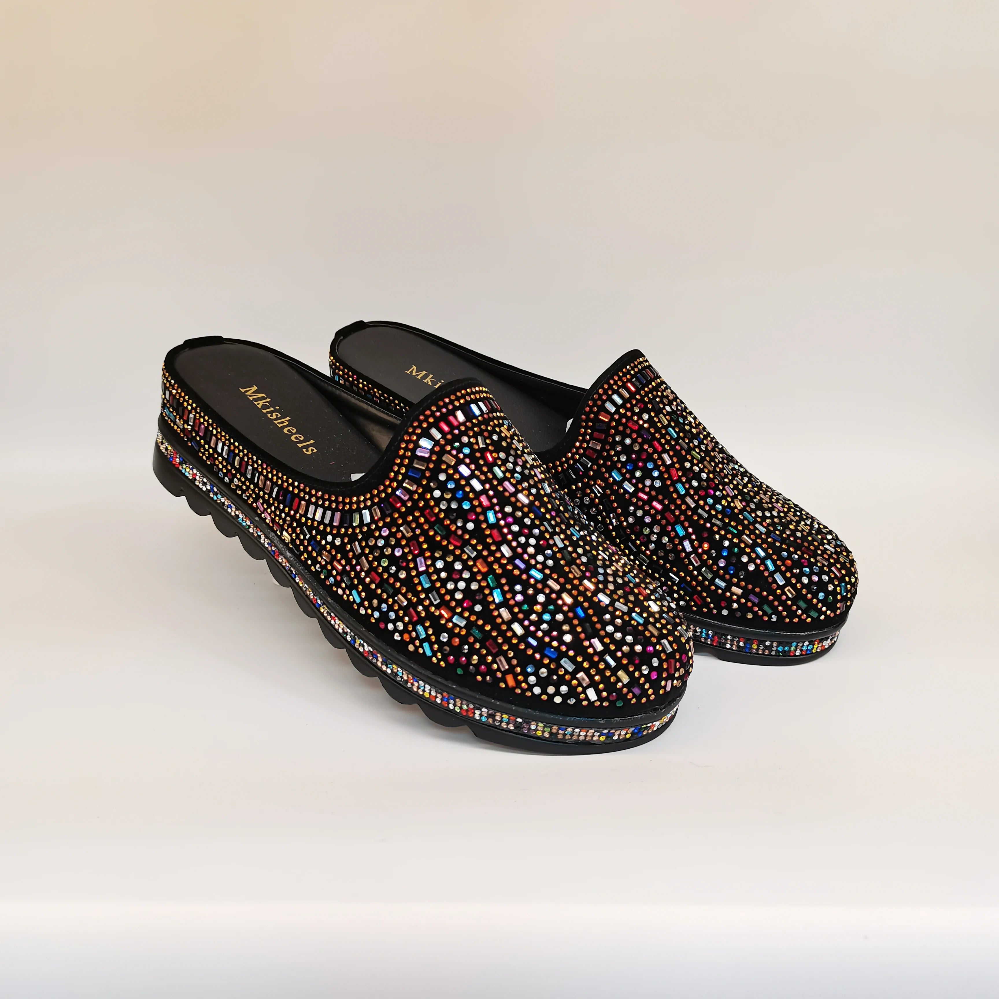 African Popular Luxury Women's Rhinestone Slippers Non-slip height-raising, High-end  Mid-Heel Lady Casual Mullers Shoes F1207-1