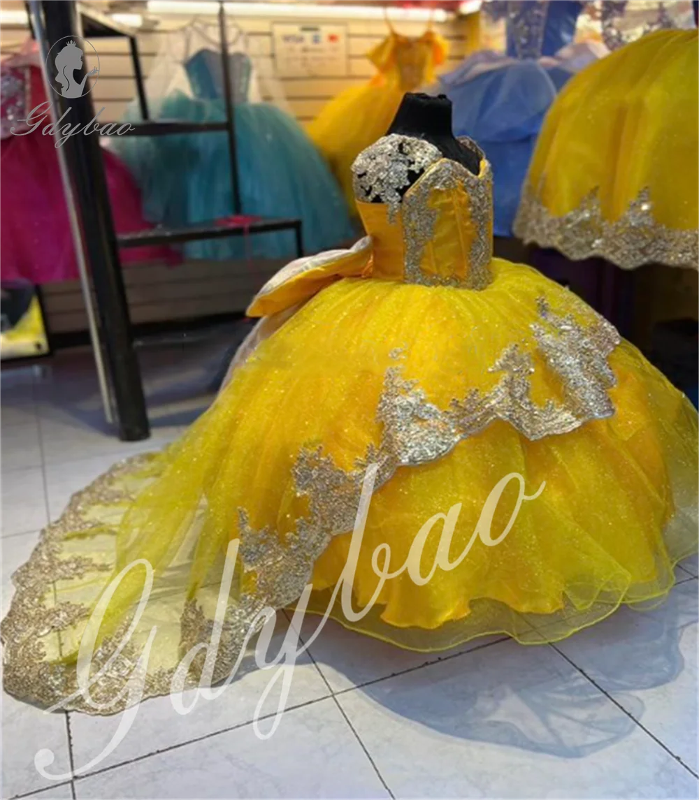 Gold Girls Elegance Dress New 2025 Tulle Tiered Flower Girl Dresses Toddlers Satin Bow Lace Pageant Formal Attire Activities