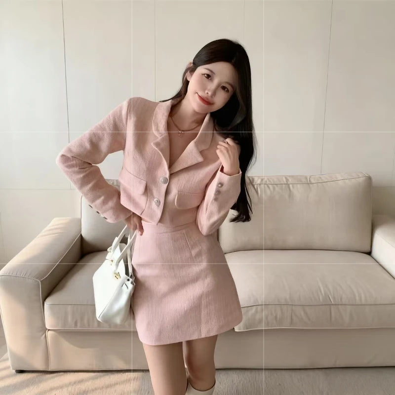Winter Sweet Pink Korean Fashion Women's Two Pieces Set French Elegant Design Tweed Suit Set with Blazer and Skirt Chic Outfits