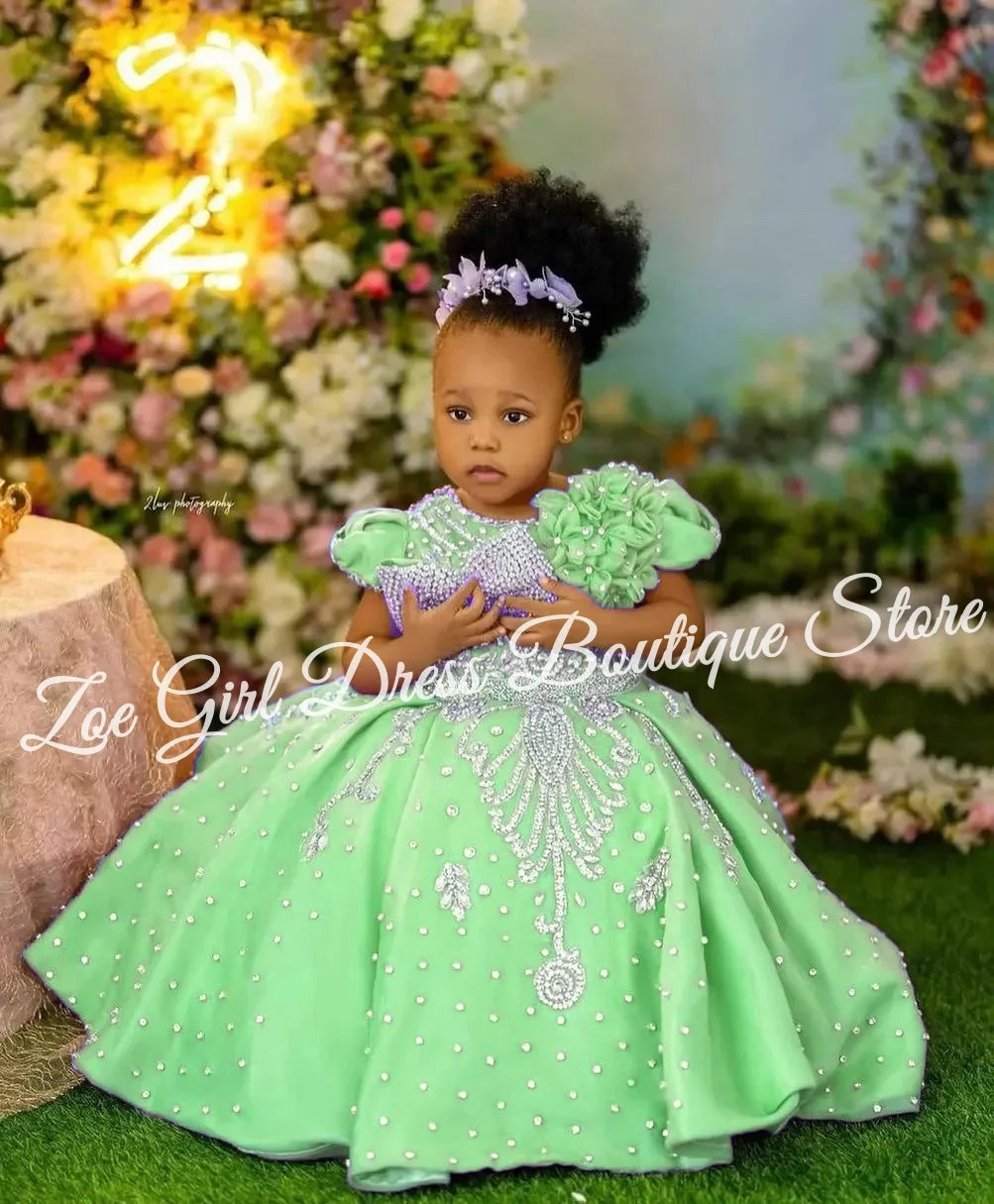 Luxury Lavender Girls Birthday Dress Beading With Bow Floral Flower Girl Dresses Queen Ball Gowns for Wedding Party Customized