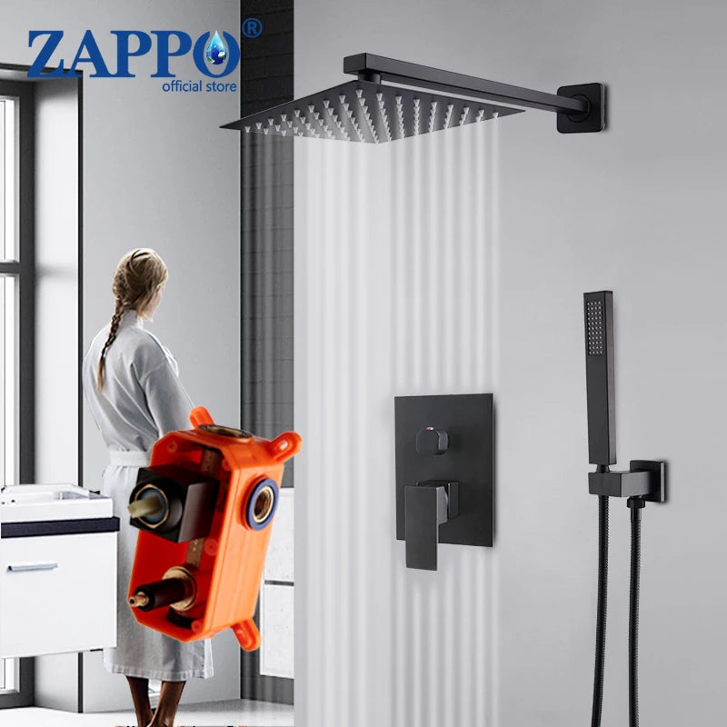 ZAPPO Black Shower Set Wall Mounted Shower Faucet Mixer 8/10/12/16 inch Rainfall Shower Head Bathroom Shower Systerm Tap