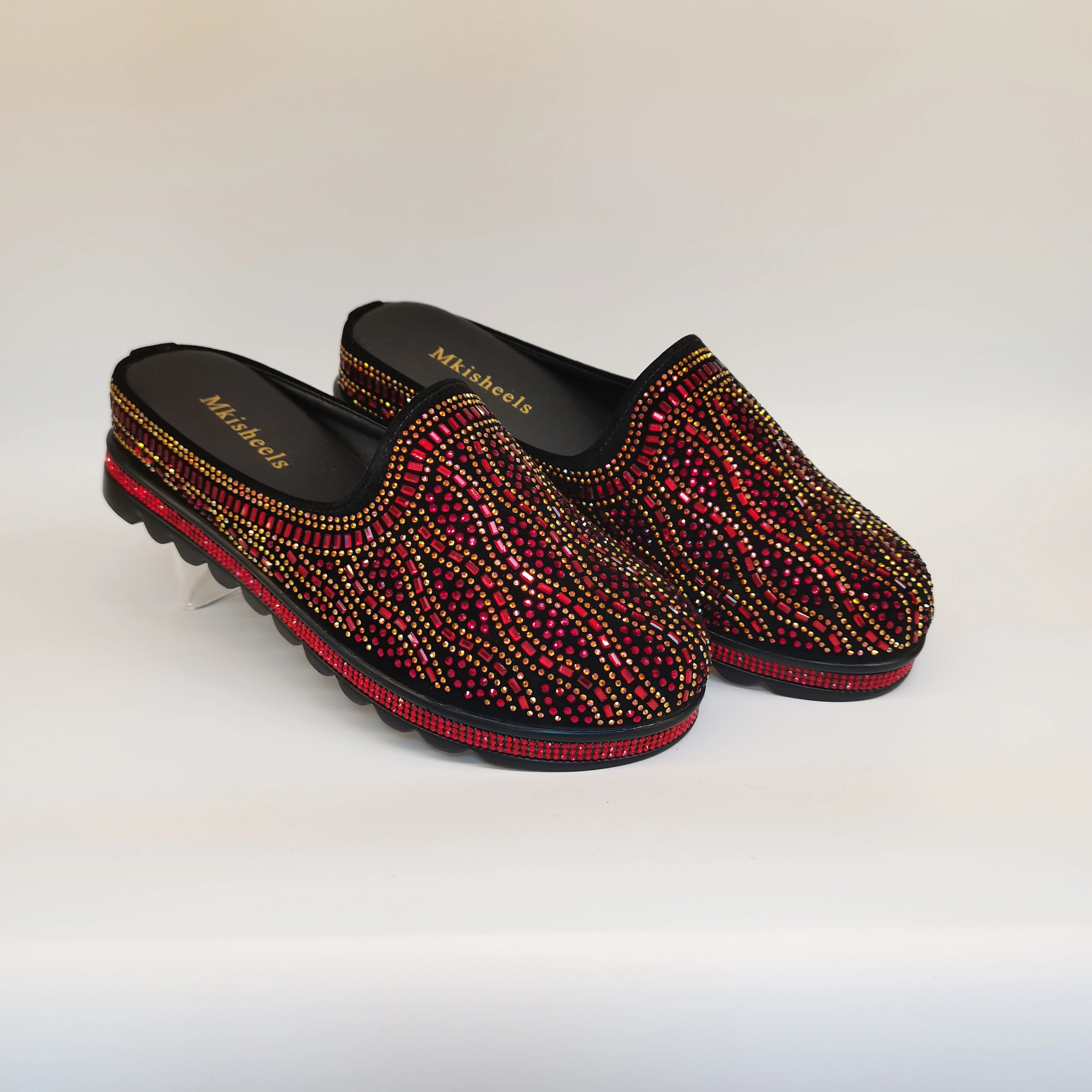 African Popular Luxury Women's Rhinestone Slippers Non-slip height-raising, High-end  Mid-Heel Lady Casual Mullers Shoes F1207-1