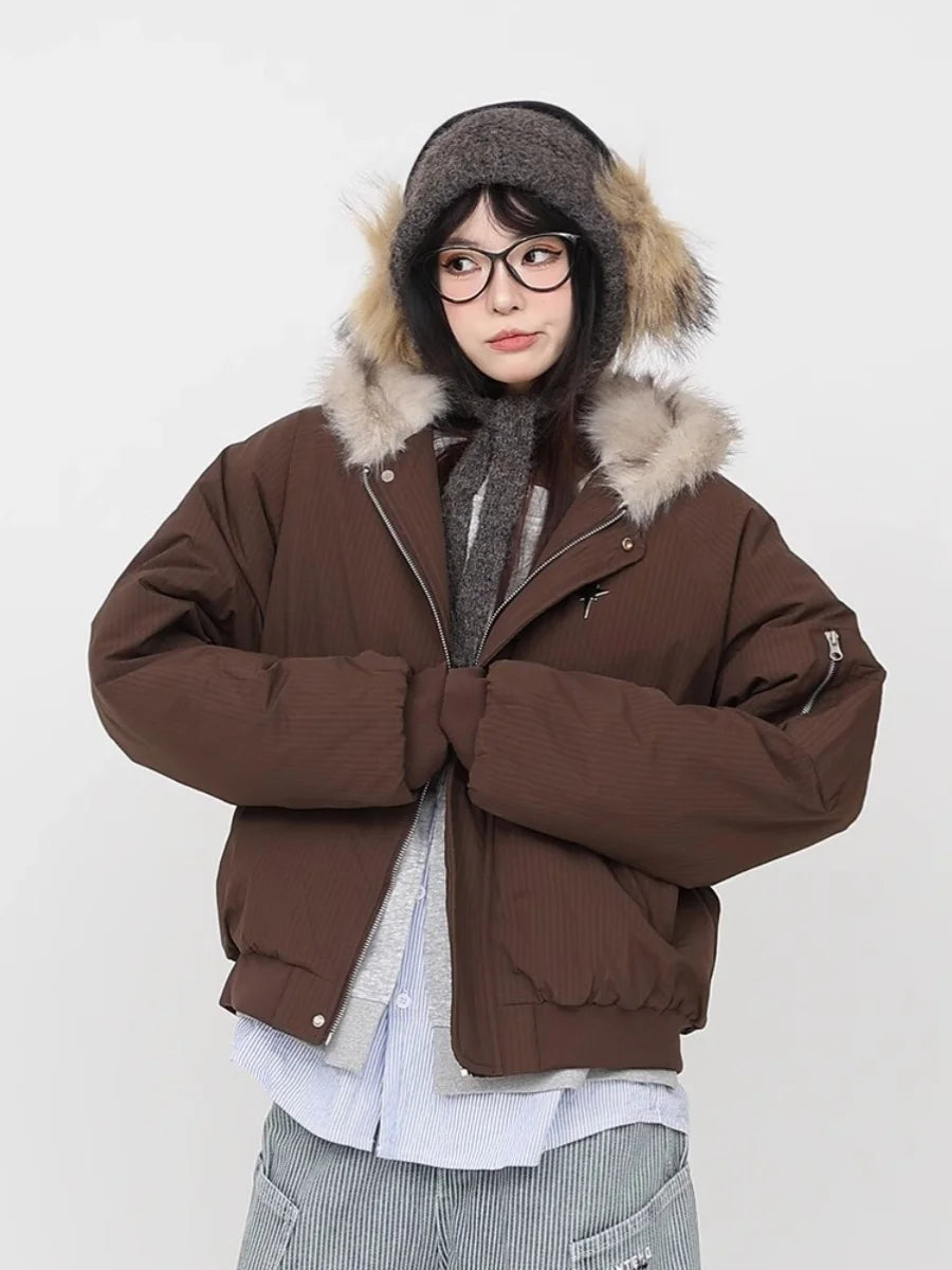 Trendy Thickened Short Cotton Jacket Women's Workwear Hooded Coat Fur Collar Street Style Loose Fit Metal Zipper Poly Fiber
