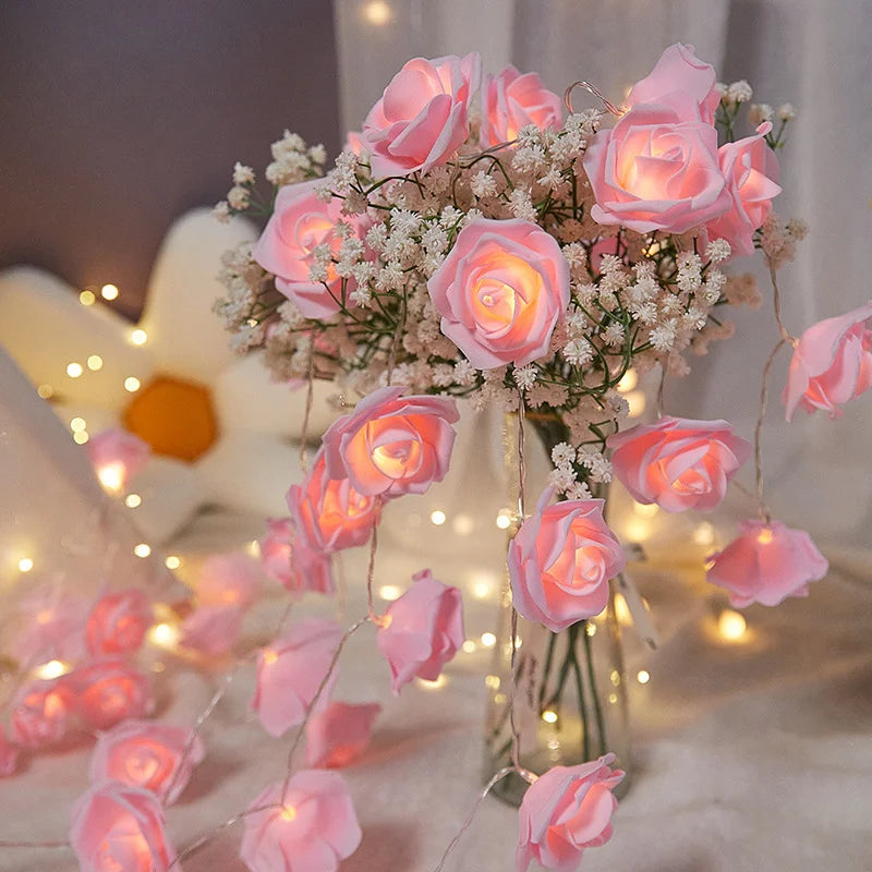 Pink Rose String Lights for Bedroom Battery Operated Flower LED Lights for Outside Romantic Home Room Lights Mother Day Gifts