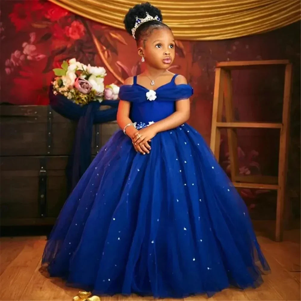 Royal Blue Flower Girl Dresses For Wedding Beaded Tulle Toddler Girls Pageant Dress Kids Formal Wear