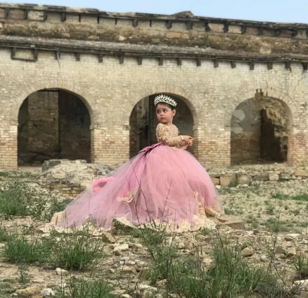Pink Huge Bow Flower Girl Dresses Full Sleeves Lase Luxury Princess Pageant Dress For Birthday Party Gown First Holy Communion
