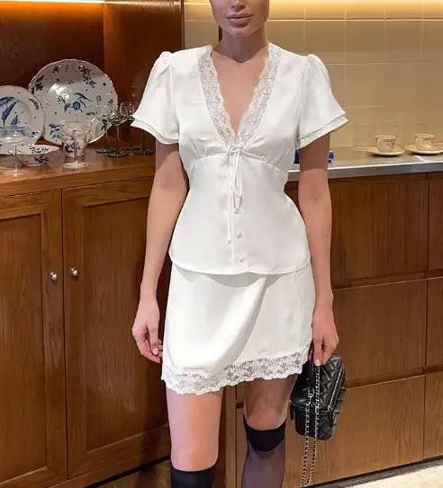 Two Piece Set Women Outfit 2026 Spring Summer New Solid Color Lace Patchwork V-Neck Short Sleeve Top & Casual Mini Skirt Set