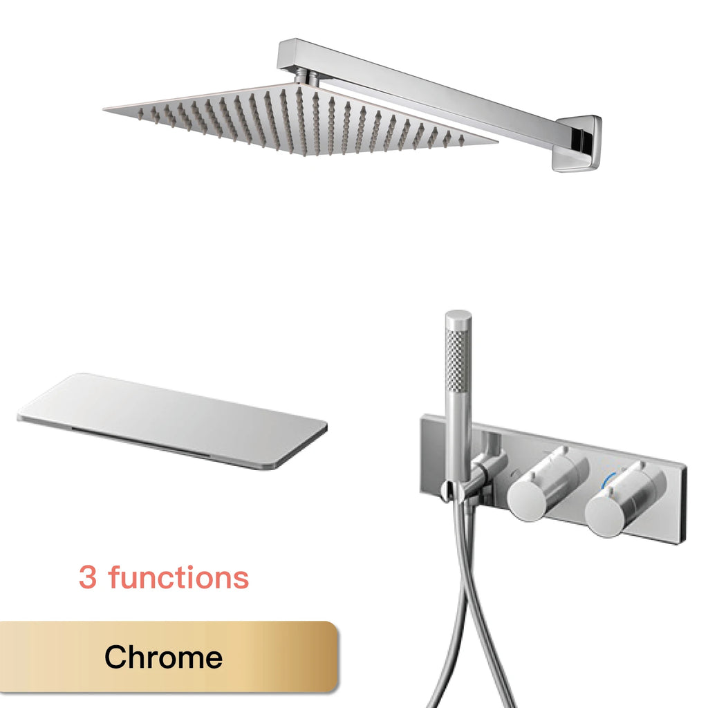 Modern Black Brass Bathroom Thermostatic Ceiling Type Shower System Wall-Mounted 3-Function Waterfall Tap for Cold & Hot Wate