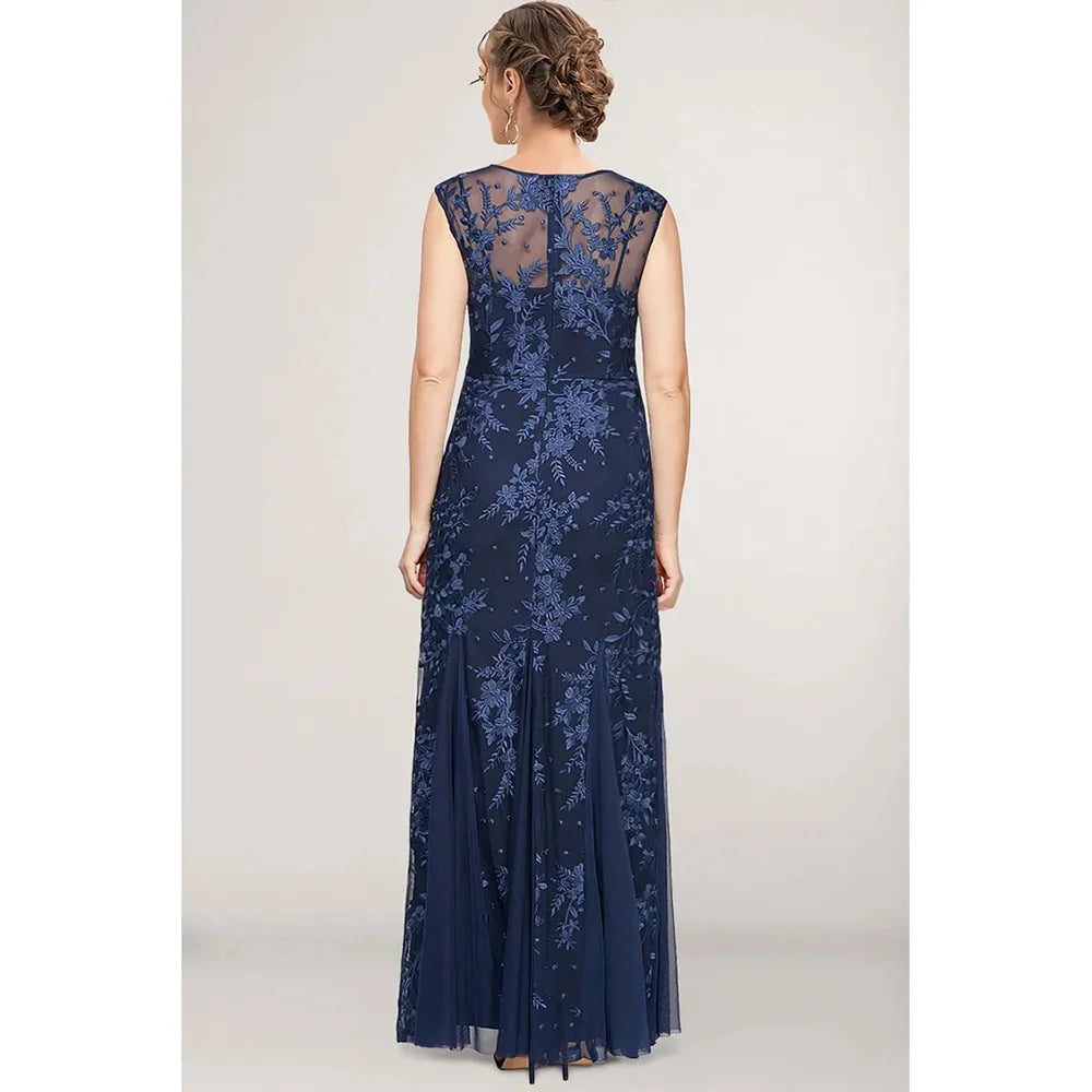 Plus Size Mother Of The Bride Navy Blue Lace Stitching Fishtail Plant Embroidery Printed Maxi Dress