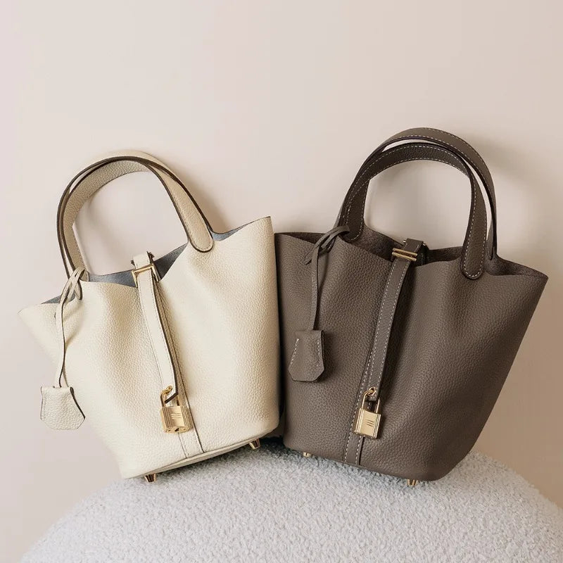 Bucket bag, genuine leather women's bag, vegetable basket bag, mommy bag, bride's wedding bag, light luxury high-end handbag