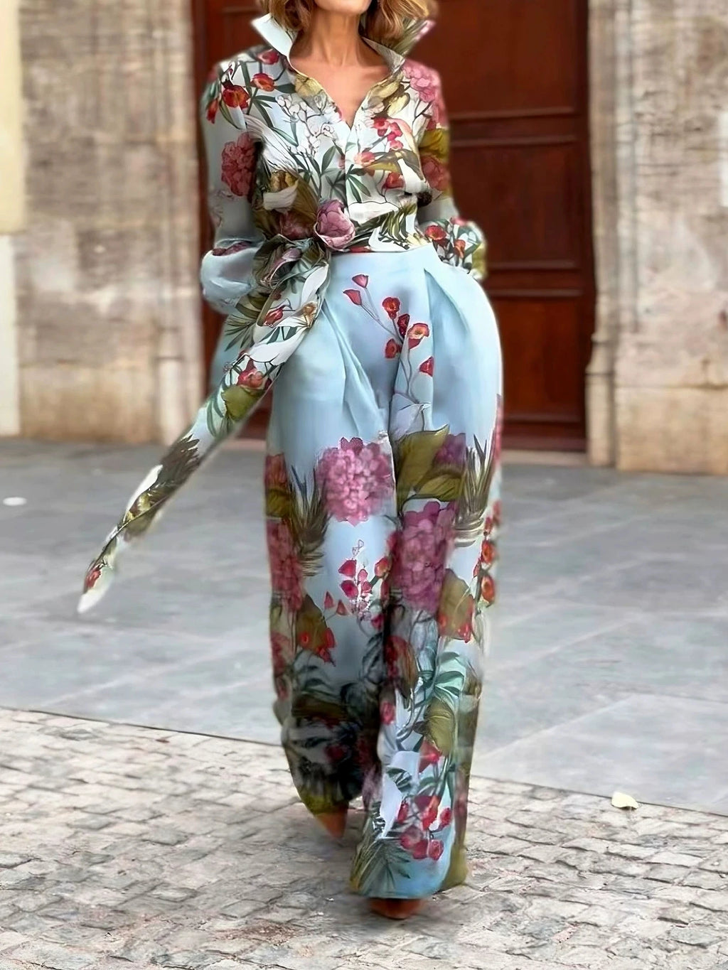 New autumn and winter style, elegant and romantic vacation style, two-piece set of long-sleeved long dress with tie belt and cin