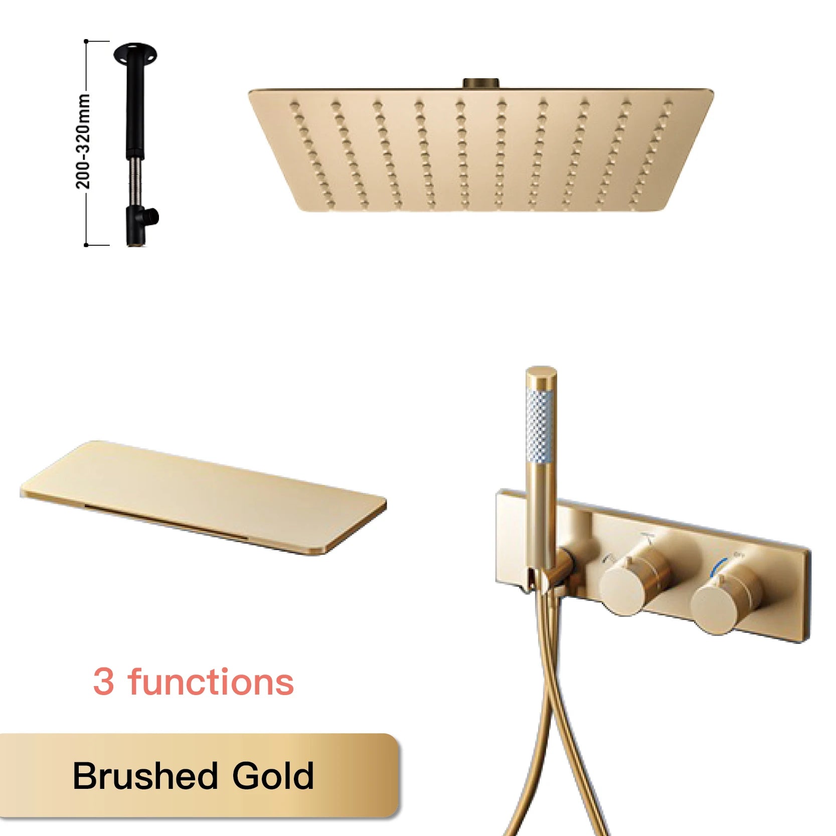 Modern Black Brass Bathroom Thermostatic Ceiling Type Shower System Wall-Mounted 3-Function Waterfall Tap for Cold & Hot Wate