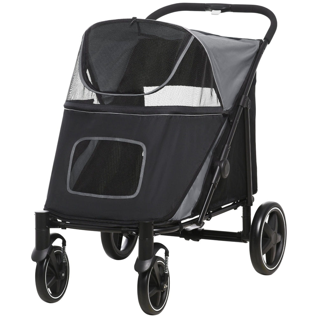 PawHut Pet Stroller Dog Cat Carriage One Click Fold with Universal Front Wheels Shock Absorber Brakes Storage Bags Mesh Window