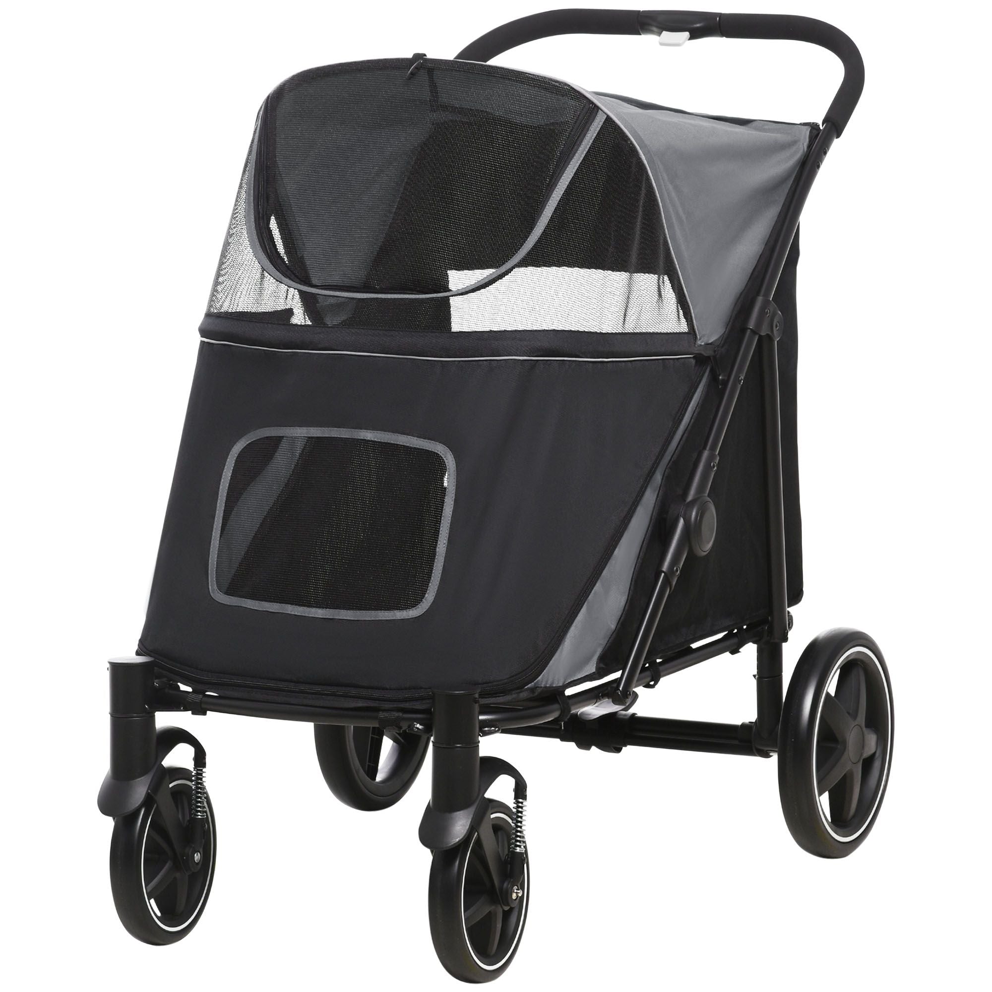 PawHut Pet Stroller Dog Cat Carriage One Click Fold with Universal Front Wheels Shock Absorber Brakes Storage Bags Mesh Window