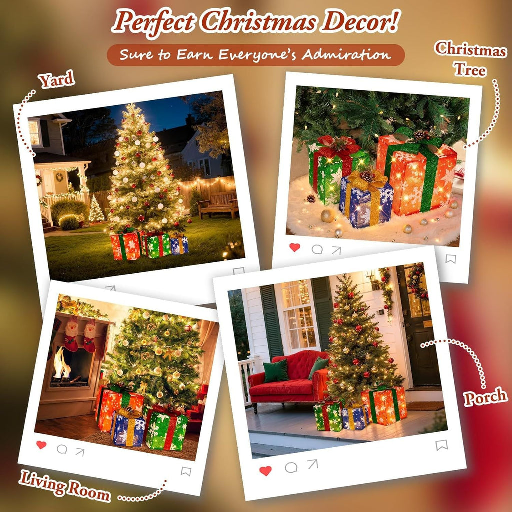 3 Pieces Large Gift Boxes for Christmas Decorations Outdoor, 10" 8" 6" with Pre-lit 70 LED Mini String Lights, Plug-in Warm White Present Boxes with Glitter for Christmas Wedding Party