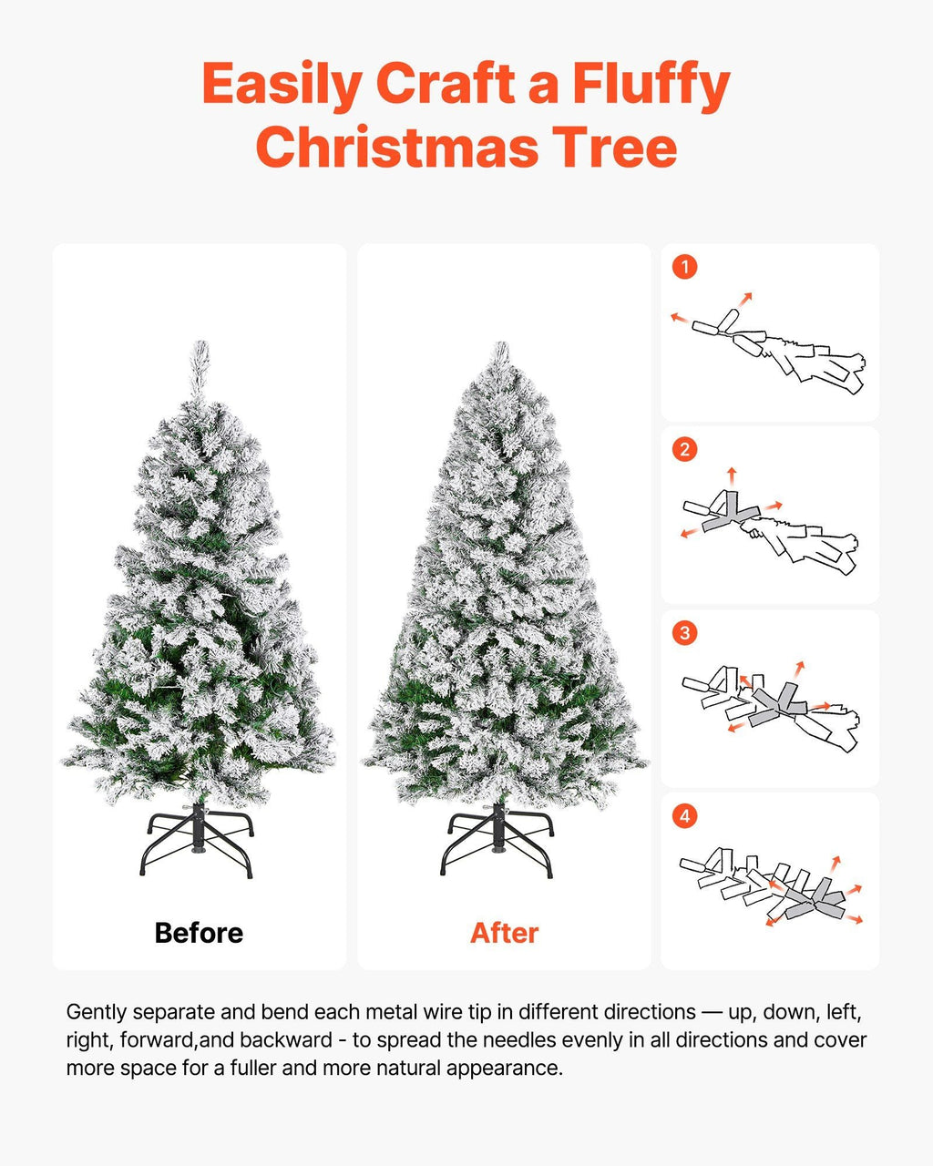 VEVOR Christmas Tree, 4ft Prelit Flocked Artificial Tree, Full Holiday Xmas Deco Trees with 120 Warm White LED Lights, 8 Lighting Modes & 539 Branch Tips for Home Party Office Decoration