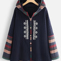 Plus Size Rib Knit Solid Hoodie Colorblock Coat; Women's Plus Slight Stretch Casual Winter Coat