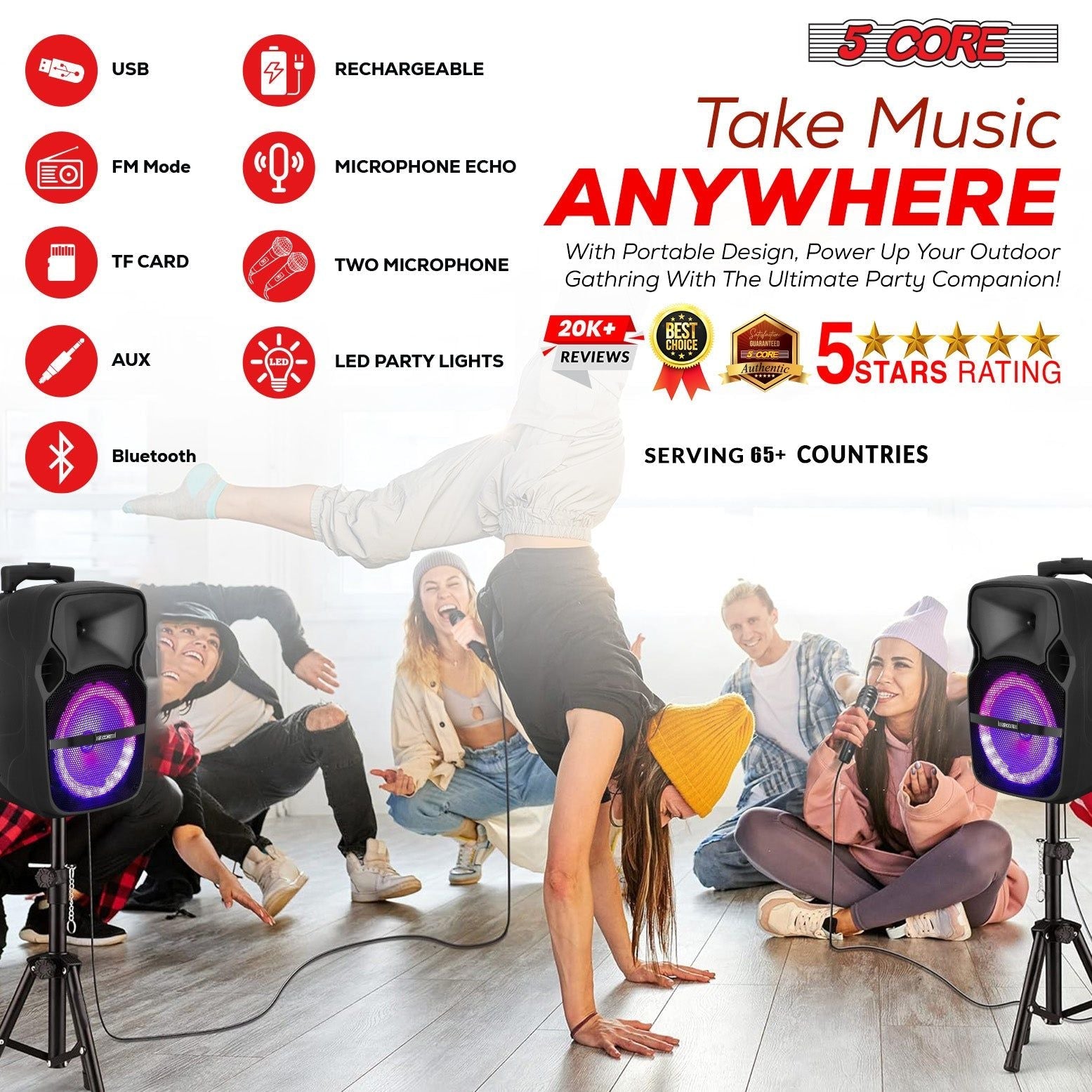 Party Starter Speaker Bluetooth 250W Big Monster Powered Rechargeable Outdoor PA DJ System w Disco Lights 2 Wireless Karaoke Mics Portable Rolling Speakers w Handle Black - ACTIVE HOME 8 2-MIC