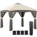 10x10 Pop Up Canopy, Netting, Foldable, Height Adjustable, Wheeled Carry Bag, 4 Sand Bags, Beige