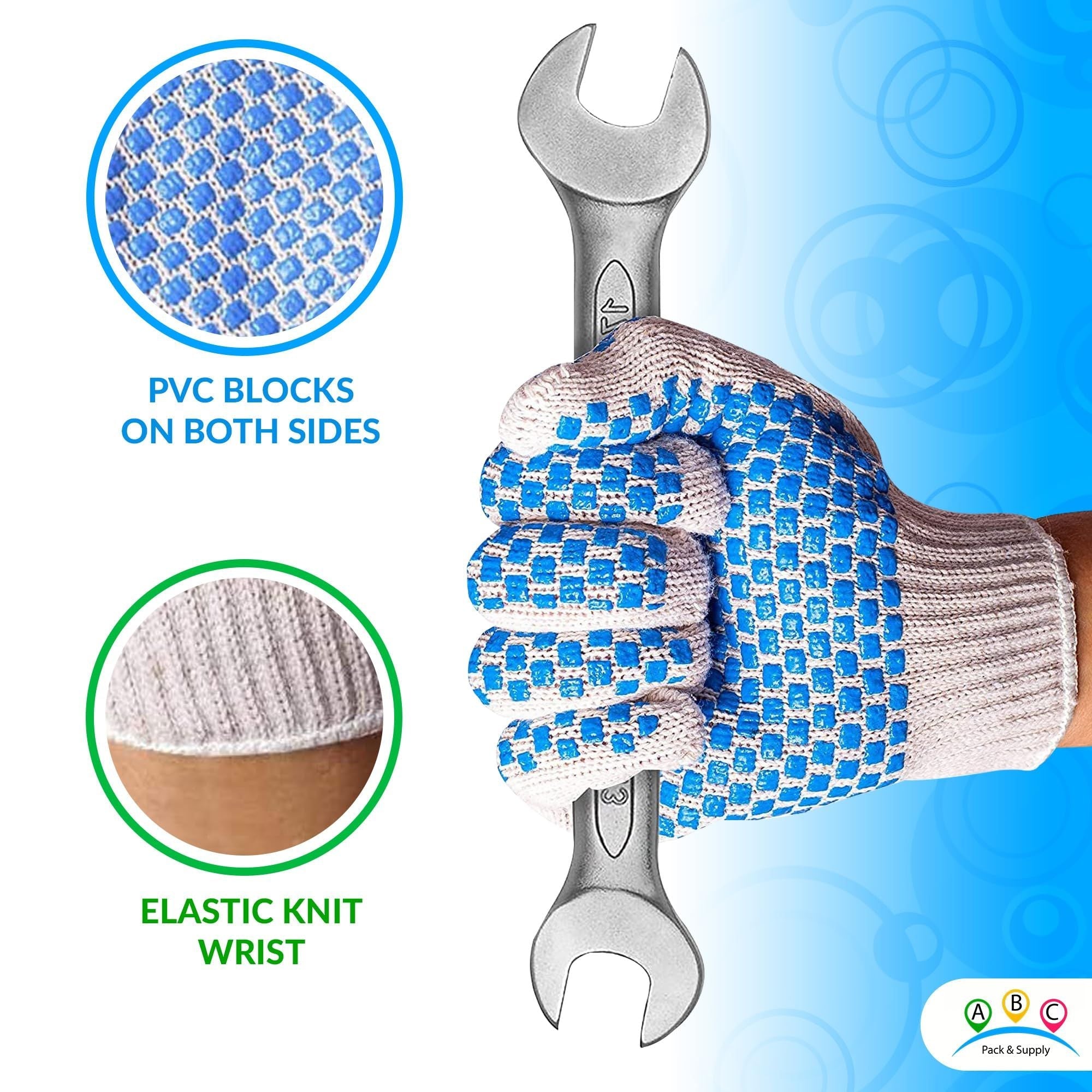 Pack of 288 String Knit Gloves with Blue Blocks on Two Sides L size Knitted Cotton Polyester Gloves for General Purpose. Protective Gloves with Blue PVC block pattern. Medium Weight Gloves.