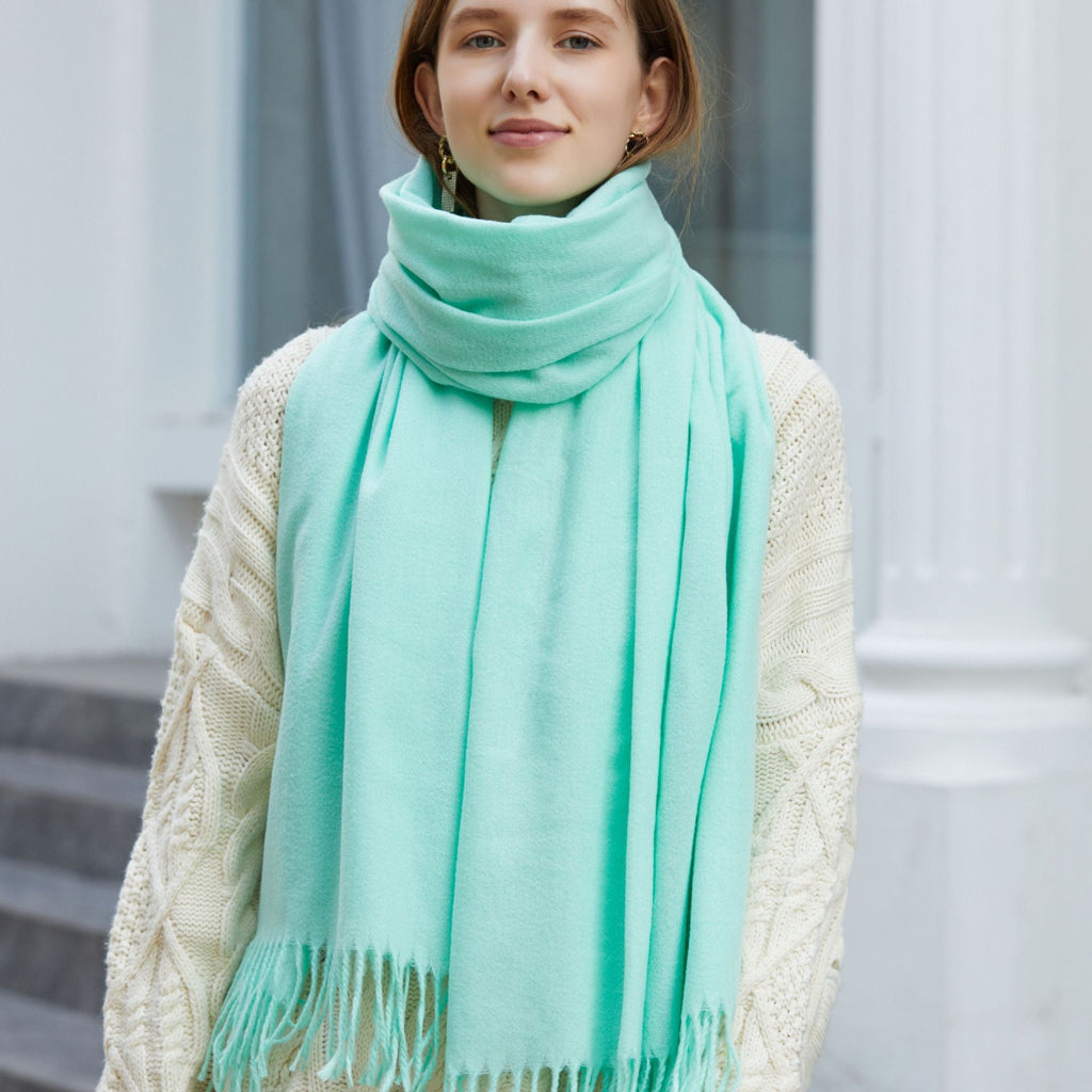 Wholesale Korean simple pure color cashmere like polyester warm shawl monochrome long tassel scarf thickened scarf