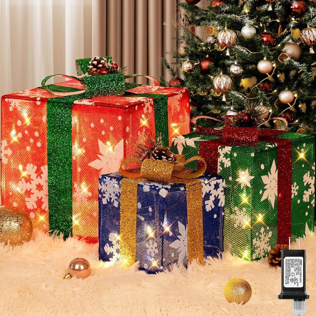 3 Pieces Large Gift Boxes for Christmas Decorations Outdoor, 10" 8" 6" with Pre-lit 70 LED Mini String Lights, Plug-in Warm White Present Boxes with Glitter for Christmas Wedding Party