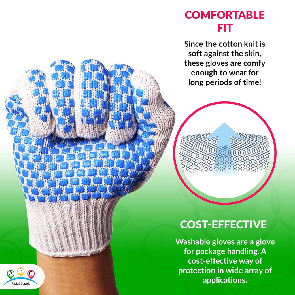 Pack of 288 String Knit Gloves with Blue Blocks on Two Sides L size Knitted Cotton Polyester Gloves for General Purpose. Protective Gloves with Blue PVC block pattern. Medium Weight Gloves.