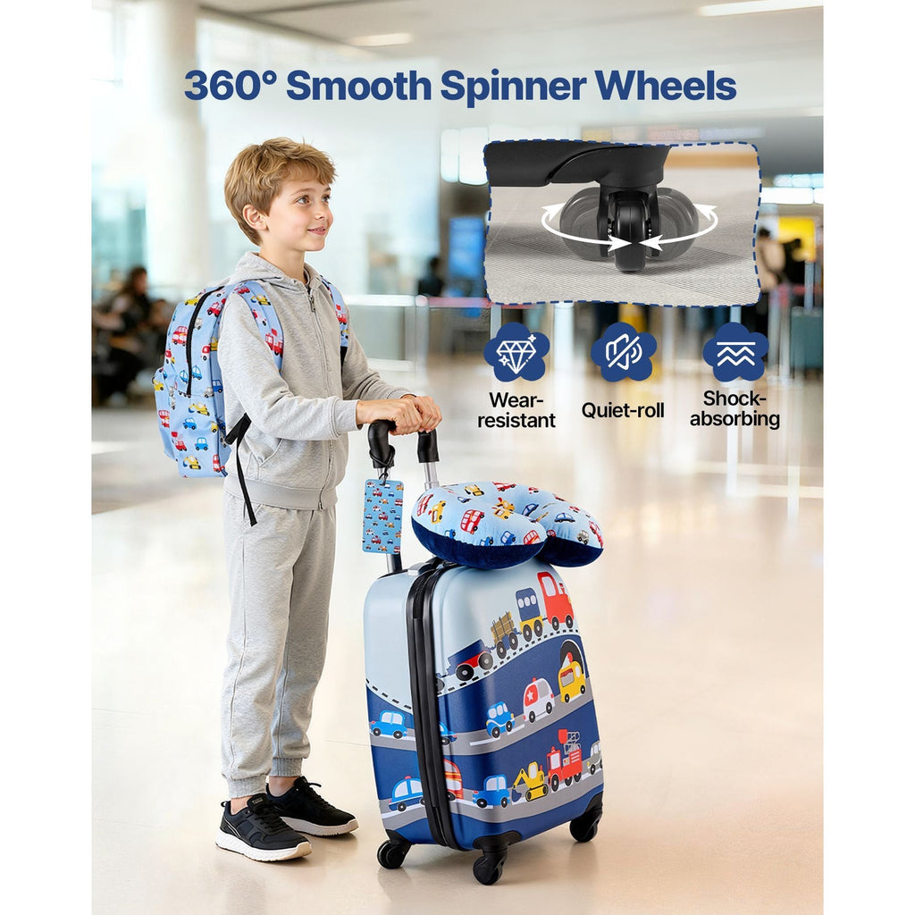 Kids Luggage Set, 5 Piece, 18 Inch Hardside Rolling Wheels Suitcase with Backpack & U-shape Pillow, Truck Kids Carry on Luggage Set, Holiday Birthday Gift for Girls Boys, Airline Approved
