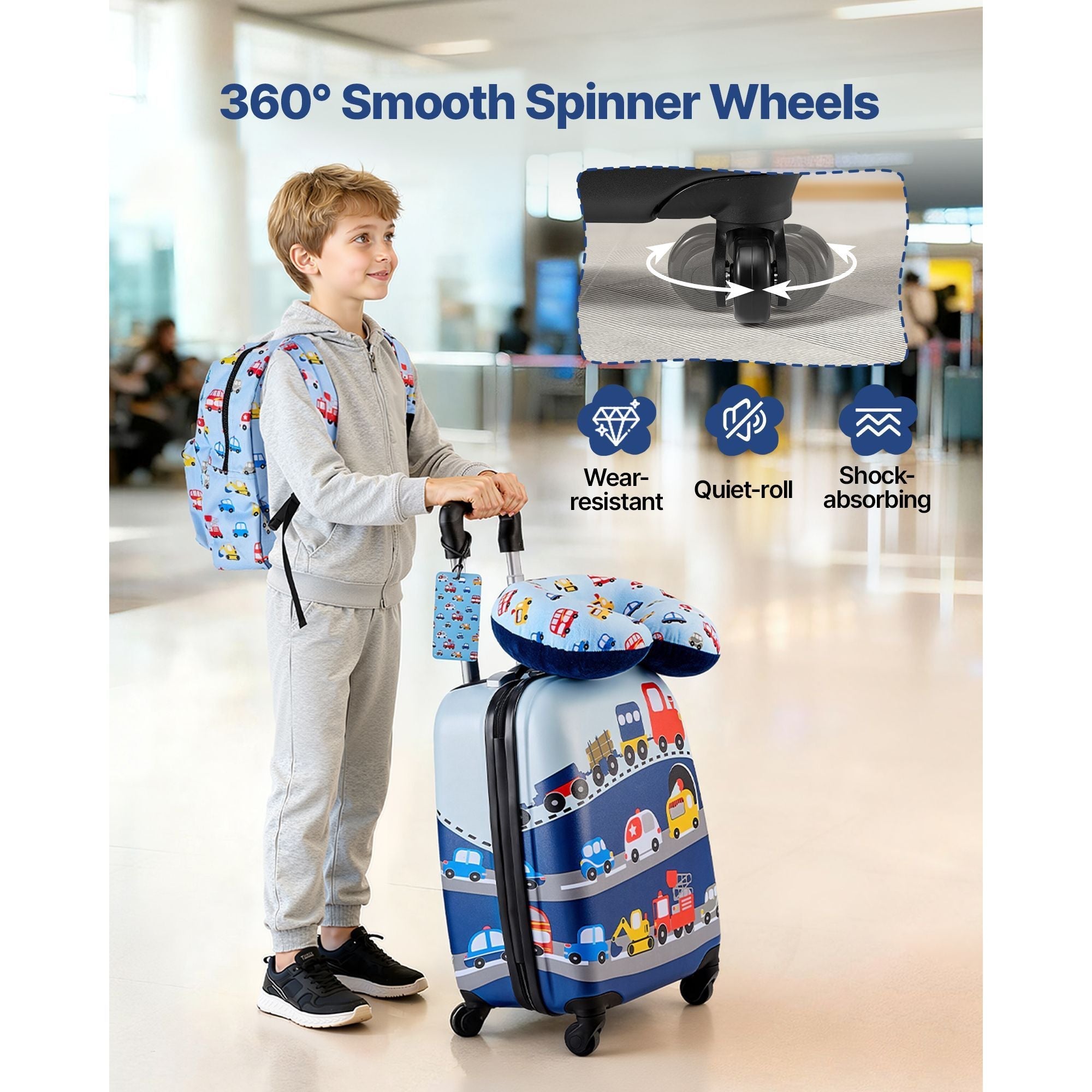 Kids Luggage Set, 5 Piece, 18 Inch Hardside Rolling Wheels Suitcase with Backpack & U-shape Pillow, Truck Kids Carry on Luggage Set, Holiday Birthday Gift for Girls Boys, Airline Approved