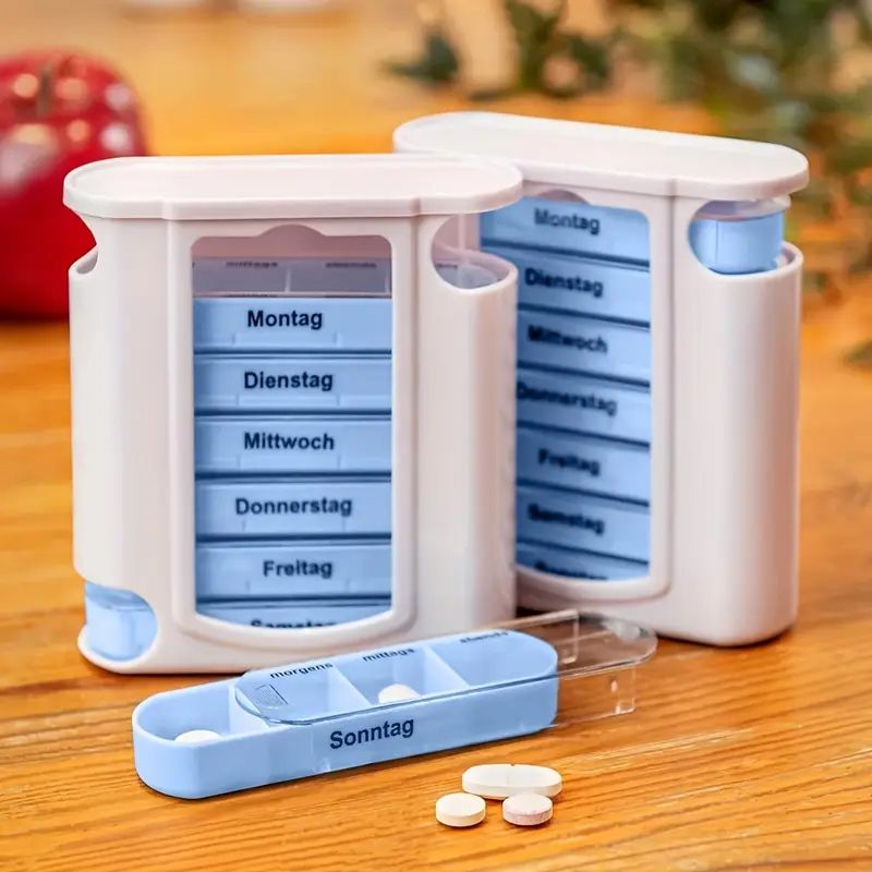 Weekly Pill Organizer with 28 Compartments - Detachable, Sealed Medicine Storage Box for Pills & Candy - White/Blue